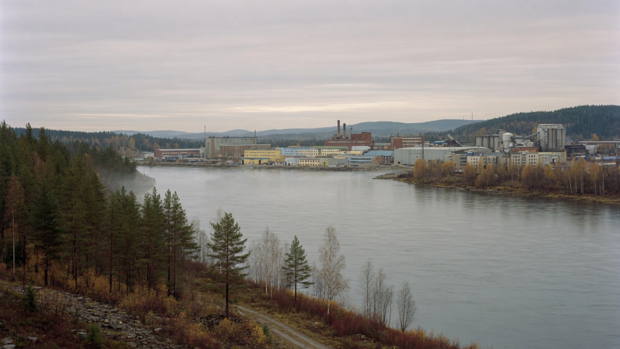 Älvlandskap i norra Sverige en senhöst, skog i förgrunden och industri längs den motsatta stranden.